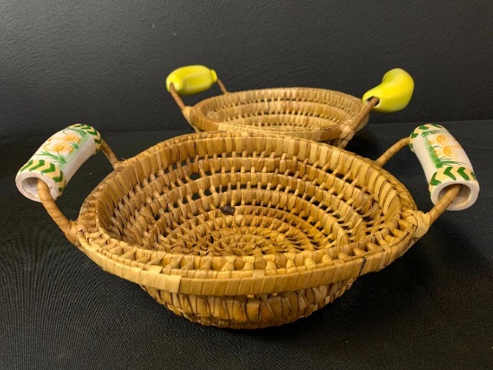 Pair of Cute Baskets w/Ceramic Handles. They are 8" x 8"