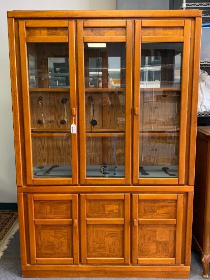 Two Piece Wood & Glass Curio Hutch w/Mirror Back. This is 77" T x 50" W x 16" D