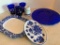 Lot of Colbalt Blue Glass Drinking Glasses, Platter, Vase & More - As Pictured