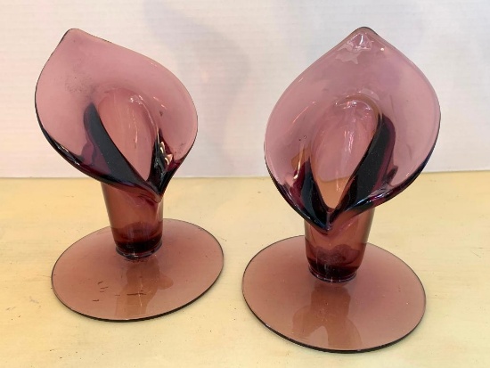 Pair of 7" Tall Purple Glass Candle Holders