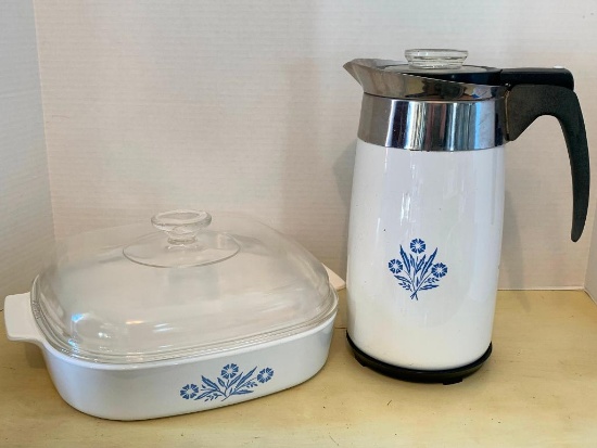 Corningware Cassarole Covered Dish (Has Chip in the Lid) & Coffee Pot.