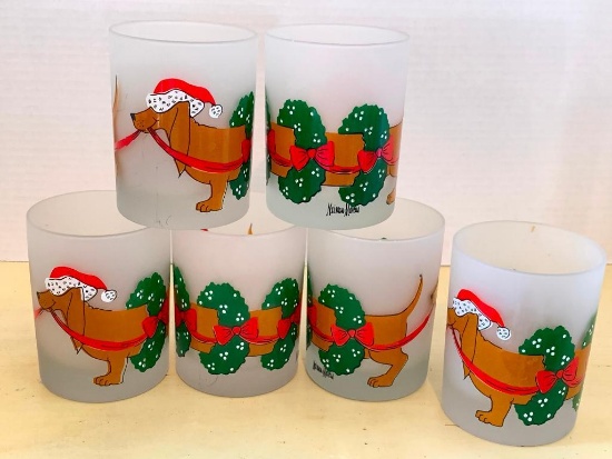 Set of 6 - 5" Christmas Dachshund Drinking Glasses by Nieman Marcus