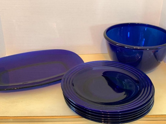 Cobalt Blue Glass Platter, 6 Plates & Bowl