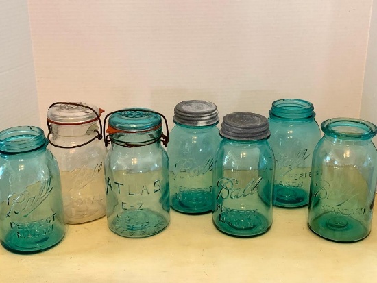 Group of Clear & Blue Glass Mason Jars - As Pictured