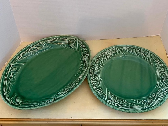 Pair of Vintage Platters Green Pine Pattern Made in Portugal. The Largest 16"