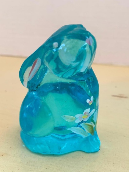 3" Fenton Blue Glass Rabbit Signed by Artist "Butterfly Kisses".