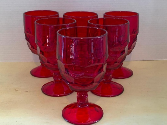 Set of 6 Red Glass Goblets. 7" Tall