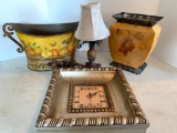 4 Piece Lot Incl 2 Tin Decorative Cans, Pineapple Lamp & Clock - As Pictured