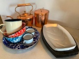 Misc Lot Incl Copper Tea Pot, Canister, Metal Steak Plates, Graniteware Bowls & Mugs - As Pictured