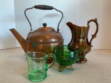 Misc Lot Incl. Copper Tea Pot, 2 Pitchers and Green Glass Cup - As Pictured