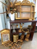 Shelf Lot Incl Gold Candle Sticks, Flower Arraingement, Wall Shelf, Wood Shelf & More -As Pictured