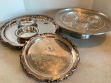 Silver Plated Serving Trays and Bowls. The Largest is 17