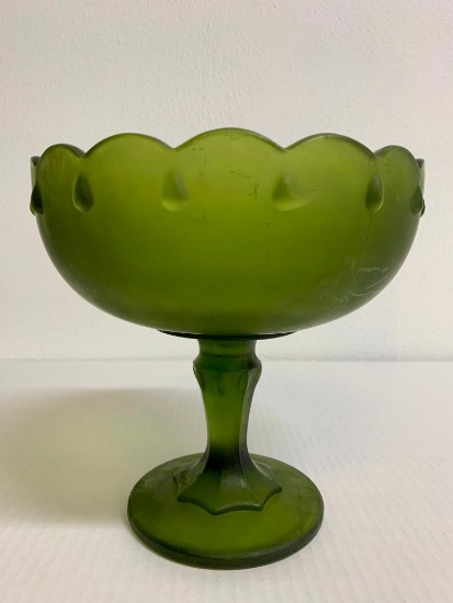 Vintage Green Indiana Glass Teardrop Satin Glass Pedestal Candy Dish. This is 8" x 8"