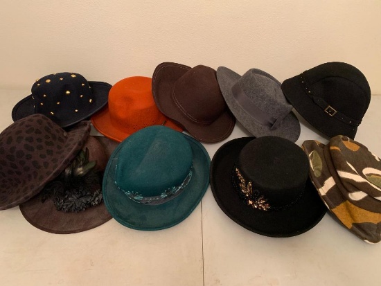 Group of 10 Ladies Fashion Hats, Some Have Tags and Appear to Have Little if Any Use