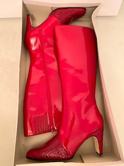 Stephani, Shiny Ruby Red, Knee High Boots in Box, Never Worn, Size 9