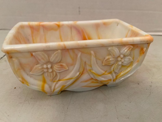 Vintage ~ Akro Agate Slag Glass Daffodil Planter/Candy Dish, Orange & White, 5" Wide