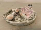 Porcelain Cat Decorative Basket of Kittens, Total of 5