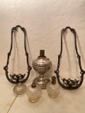 Group of Vintage Oil Lamp Hanger, Antique Glass Oil Lamps and Chrome Oil Lamp