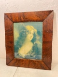 Antique, Wood, Picture Frame with Victorian Style Print of Woman, Frame is 20 1/2