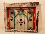 Antique, Wood, Window Pane with Painted Glass to Look Like Stained Glass