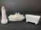 3 Piece Lot Incl Milk Glass Salt Shaker, a Mini Cradle & Ship Candy Dish (Has Chips on the Lid)