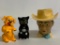 3 Piece Lot Incl Vintage Plastic Cowboy Head, Cat & Dog Salt & Pepper Shakers. Tallest is 4