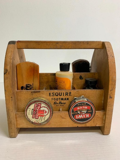 10" x 11" Vintage Esquire Footman Deluxe Oak Shoe Shine Box & Accessories