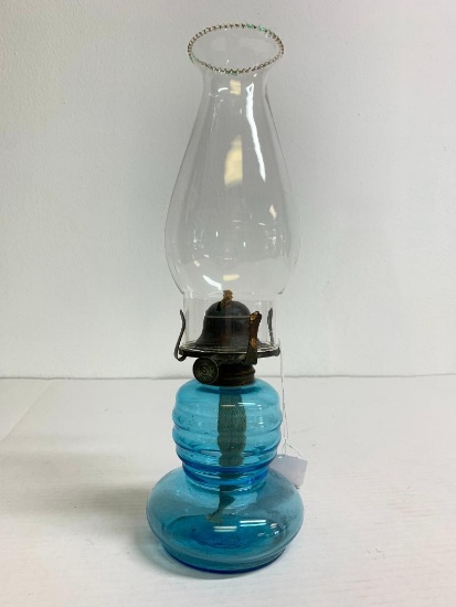 13" Antique Light Blue Glass Oil Lamp