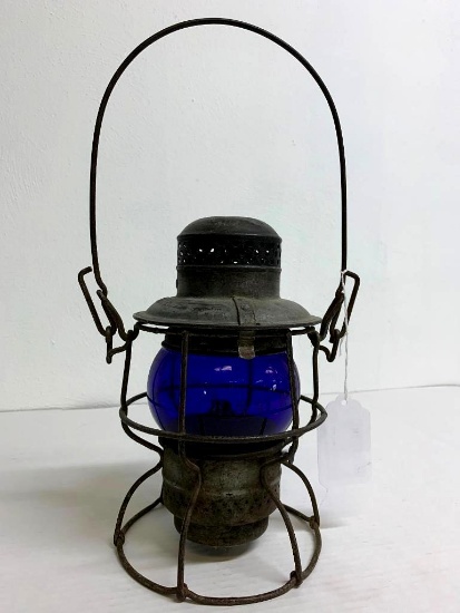 9" Antique 1925 Armspear B & O Railroad Lantern Blue Glass Globe