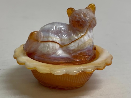 3" x 3" Vintage Mosser Glass Cat on a Nest Salt Cellar