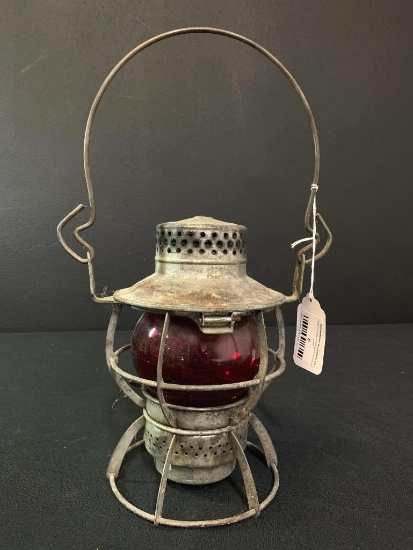 9" Antique Dressel Railroad Lantern Red Glass Globe