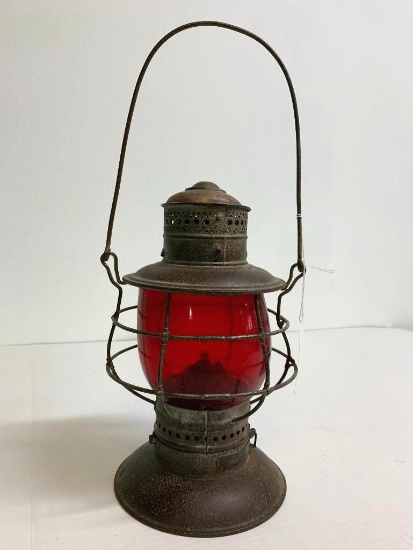 11" Antique Railroad Lantern Red Glass Globe No Markings
