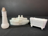 3 Piece Lot Incl Milk Glass Salt Shaker, a Mini Cradle & Ship Candy Dish (Has Chips on the Lid)