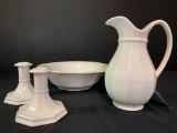 4 Piece Set Incl Pitcher, Bowl & Two Candlestick Holders. Amy Believes Them to be Pfaltzgraff