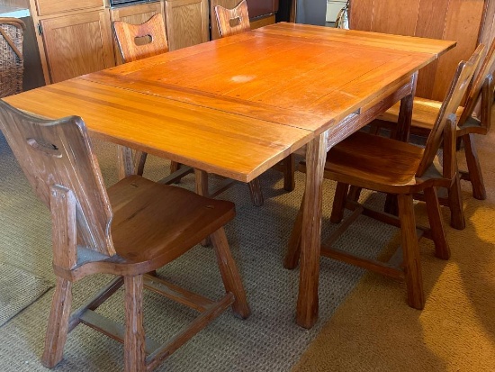 Vintage Ranch Oak Hidden Drop Leaf Dining Table w/5 Chairs. This is 29" T x 54" L x 36" W