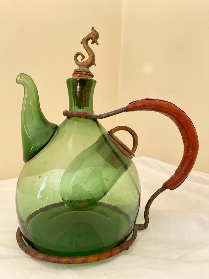 11.5" Vintage Hand Blown Wine Decantur w/Brass Dragon Stopper & Leather Accents