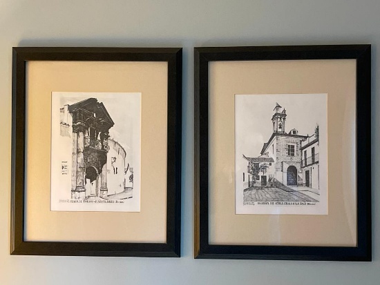Pair of 18" x 22" Framed Original Sketches Signed by Artist