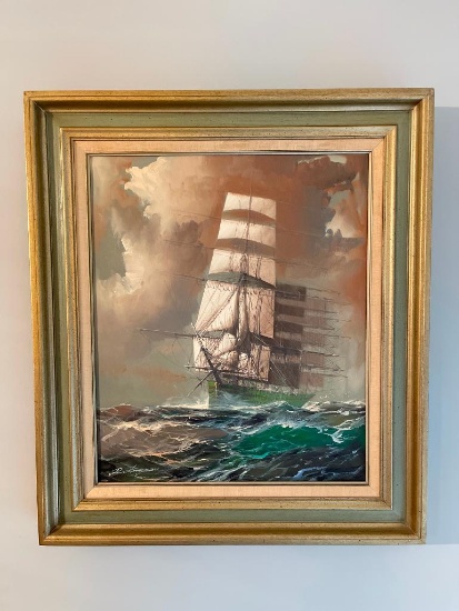 31" x 27" Framed Original Oil on Canvas of Ship Signed by Artist