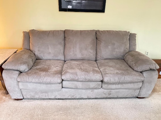 Light Tan Microfiber Sofa. Very Good Condition. This is 32" T x 85" W x 36" D