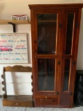 Wood Gun Cabinet & Shelf. The Cabinet Glass is Cracked, Key Stuck in Lock, Door Needs Adjusted