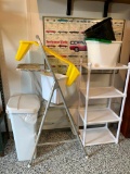 Misc Lot Incl Ladder, Trash Can, Buckets & Shelf - As Pictured