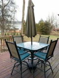 Outdoor Patio Glass Top Bar Table w/4 Chairs & Umbrella.