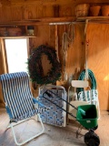 Shed Lot Incl Spreader, Folding Chairs, Planters, Wreath & More - As Pictured