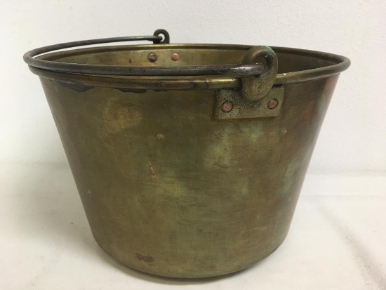 Antique Hayden 1851 Brass Bucket Large Workhorse Milk, Apple Basket Cauldron