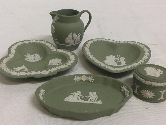 Group of Wedgewood Sage Trinket Trays, Box & Mini Pitcher