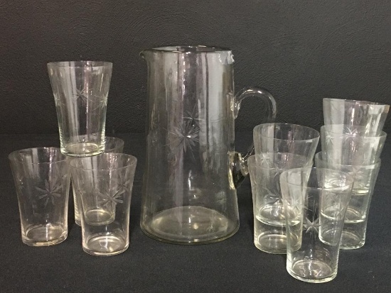 Vintage Applied Handled Glass Pitcher & Cocktail Glasses