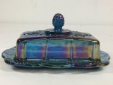 Blue Carnival Glass Covered Butter Dish