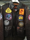 Mens Leather Bomber Jacket with Patches