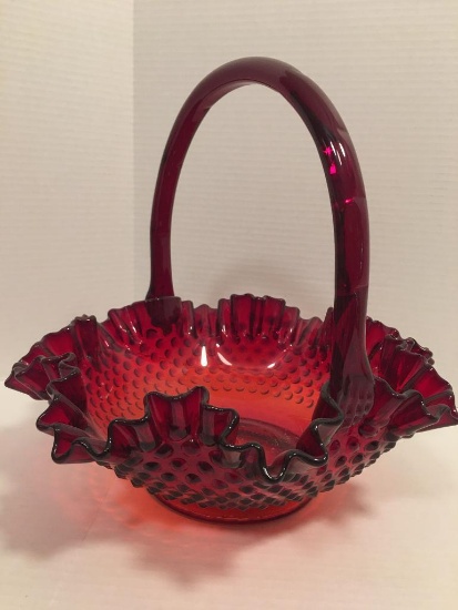 Red Fenton Glass Ruffled Top Hobnail Basket w/Applied Handle