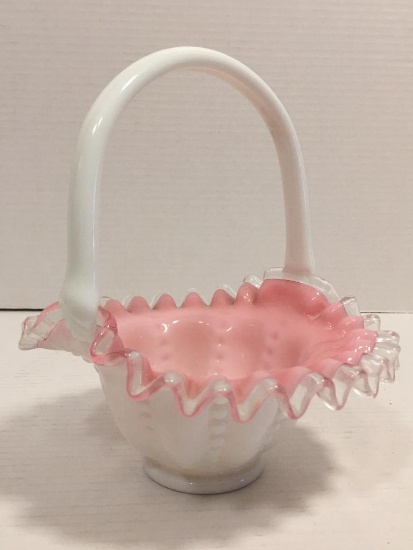 Vintage Fenton Glass Rose Pink Silver Crest White Wavy Lacy Basket w/Applied Handle